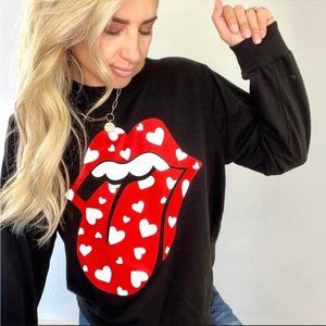 The Rolling Stones | Womens Black & Red Lip Logo With Hearts Sweatshirt Pullover